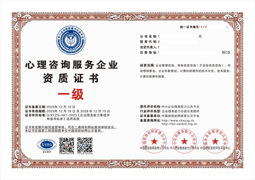 心理咨询服务企业资质证书 一级